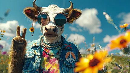 Funny cool cartoon character cow wearing farmer fashion, colorful retro vintage 80's hippie accessory and sunglasses. Happy flower child hipster, funky fashionista pop art. Creative animal concept.