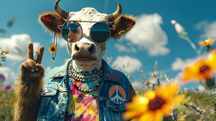 Fototapeta premium Funny cool cartoon character cow wearing farmer fashion, colorful retro vintage 80's hippie accessory and sunglasses. Happy flower child hipster, funky fashionista pop art. Creative animal concept.