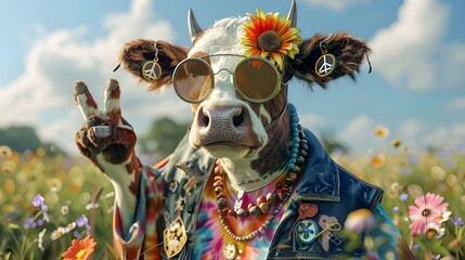 Creative animal concept, Funny cool cartoon character cow wearing farmer fashion in farmland, colorful retro vintage 80's hippie accessory. Happy flower child hipster, funky fashionista pop art.