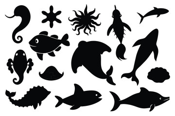 Set of Sea Life black Silhouette Design with white Background and Vector Illustration
