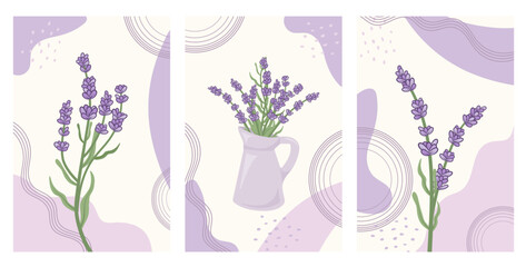 Set of trendy botanical wall art with lavender bouquet in a jug. Concept template for greeting cards, banner, social media design, invitations, covers, wall art. 