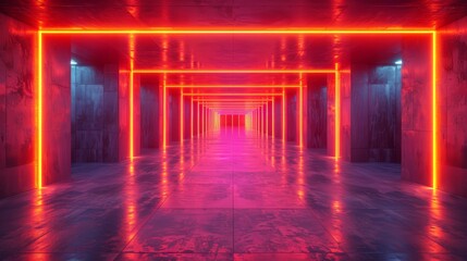 Empty dark room with orange neon lights and empty floor background for design and rendering. Wide panoramic view of a modern interior in an underground tunnel with metal wall panels