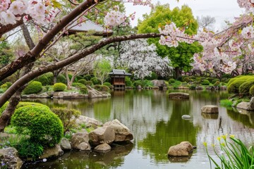 Naklejka premium A serene Japanese garden adorned with lush greenery, tranquil ponds, and vibrant cherry blossoms in full bloom, Generative AI