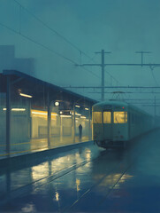 Rainy Afternoon Station Impression, Small Town Style Oil Painting Decoration, Living Room and Bedroom Wall Art Accessories.