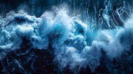 Dramatic aerial view of deep blue crashing ocean waves