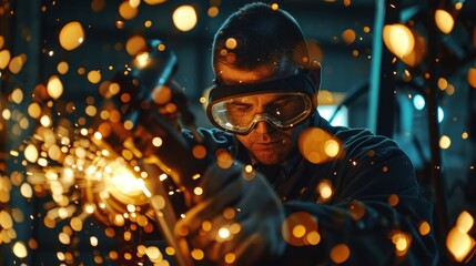 Locksmiths in special suits and glasses work in production. Metal processing with an angle grinder Spark in metalwork - Powered by Adobe