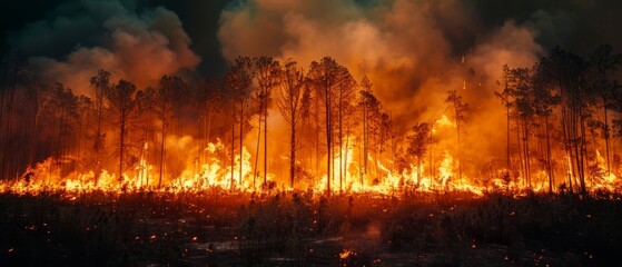 Fototapeta premium Intense ground-level shot of flames consuming a dense forest, fire spreading rapidly under a dark smoke-filled sky