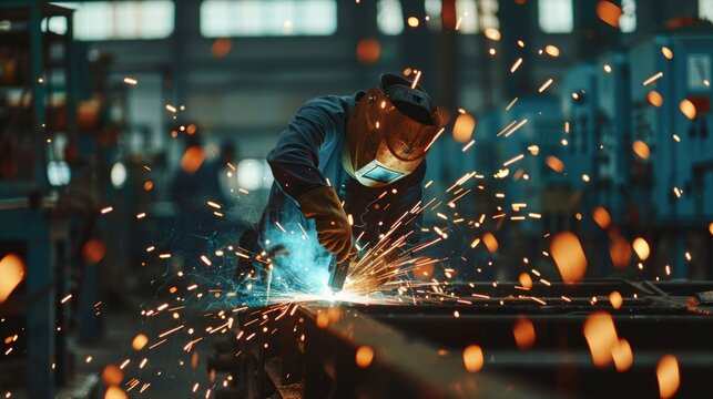 Workers working on metal products and welding with an arc welder in a workshop industrial production Welding metal parts in the factory orange sparks copy space