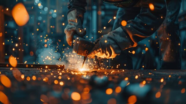 Workers working on metal products and welding with an arc welder in a workshop industrial production Welding metal parts in the factory orange sparks copy space