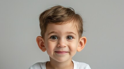 Cute young child with prominent protruding ears on a light background. Most commonly treated...