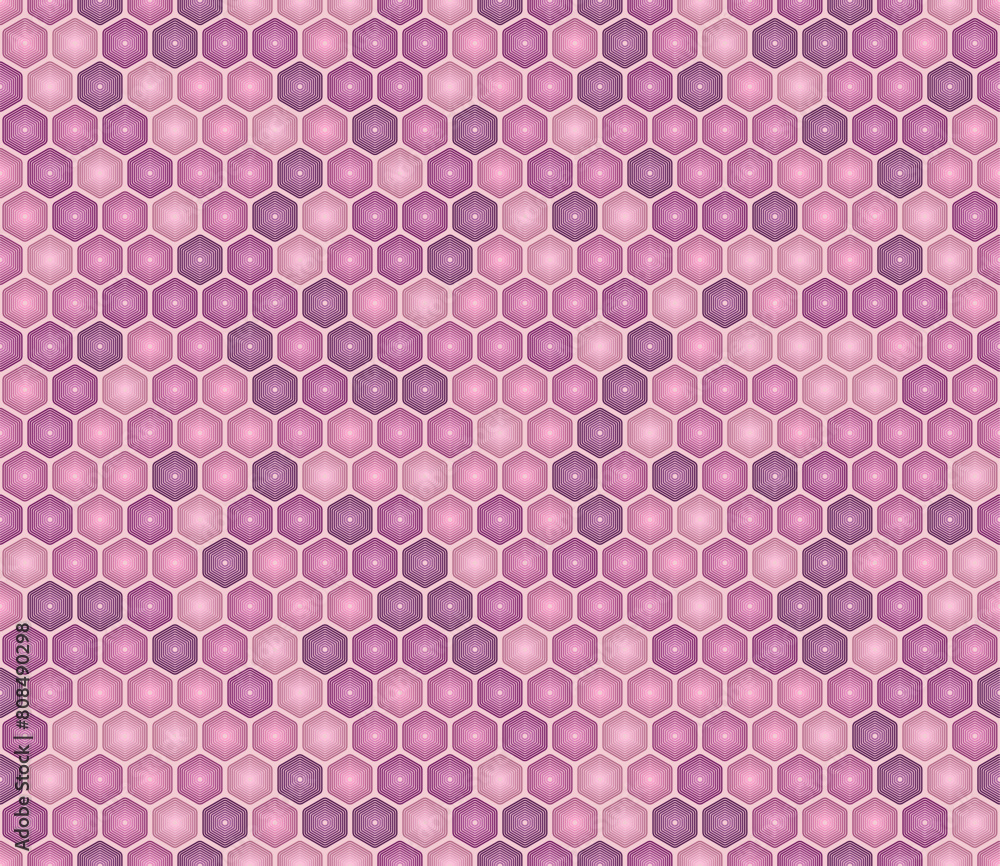 Poster vector seamless pattern with purple color tones and gradients. features rounded stacked hexagons in 
