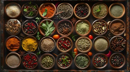 A colorful display of various spices and herbs arranged in small bowls on an background, the diversity and beauty. 