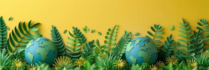 A yellow background with a paper globe and trees