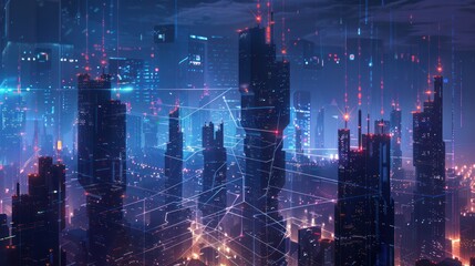 futuristic cityscape with towering skyscrapers, all interconnected by a network of glowing blockchain lines. 
