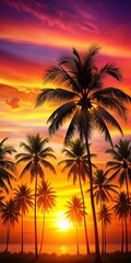 Obraz premium A colorful sunset with palm trees in the foreground, on a Caribbean beach. 