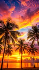 A colorful sunset with palm trees in the foreground, on a Caribbean beach. 