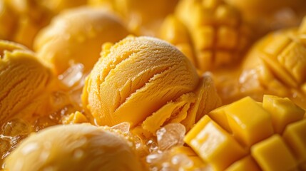 Exquisite close-up of mango gelato, capturing the bright color and icy texture that mimics fresh mango