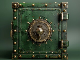 A green, old fashioned looking safe with a gold knob on the front