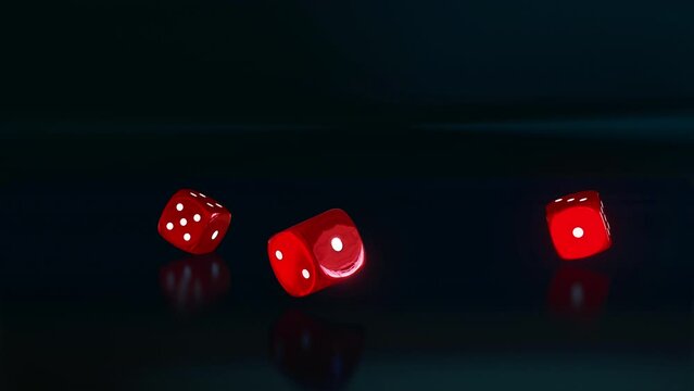 Three red dice rolling on the floor with black background and stop. 3D render 4k