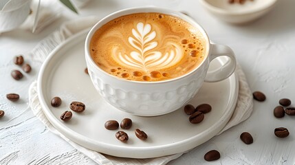 A cup of coffee with latte art in a white mug on a plate with scattered brown beans, in a closeup view from a top down perspective with a flat lay background.