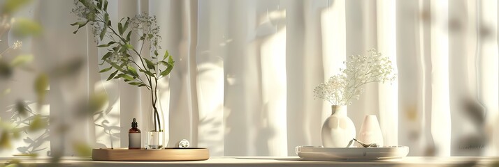 essence of tranquility in a minimalist setting with white vases and a small plant on a wooden table, framed by a white curtain