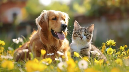 A cute couple of furry friends little cat and a mischievous little dog, are playing together in the garden on a beautiful sunny day, Friendship of pet concept.