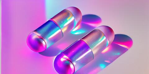 Colorful capsules and pills floating in the air against a blue sky. The image symbolizes medicine, pharmaceuticals and health, creating a bright and dynamic effect.