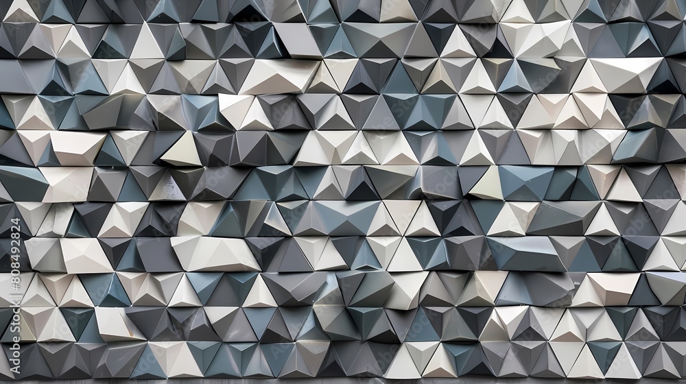Poster geometric mosaic design on a building featuring a row of squares, triangles, and hexagons arranged i