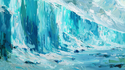Oil painting capturing a glacier's serene presence, icy blues and teal highlighting its majesty.