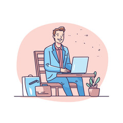 Young Caucasian businessman working laptop, sitting desk, office setting, smiling, productivity. Professional man suit using computer, indoor plant, bookshelf, business illustration. Vector