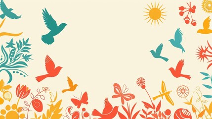 Group of birds in flight over colorful field of blooming flowers. Copy space.