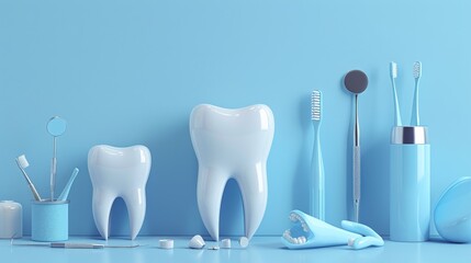 3d rendering of a set of healthy white teeth with toothbrush, floss, and other dental hygiene tools on blue background.