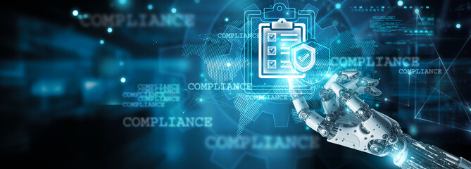 Compliance, Hands of robot touch legal frameworks and compliance icon, Ensuring adherence on...