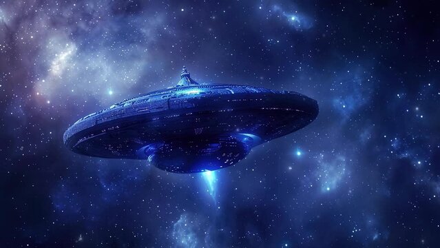 World UFO Day. UFO in the night sky. Large ufo hovering in space above the planet earth. The night sky is beautiful and colorful. Video 4k