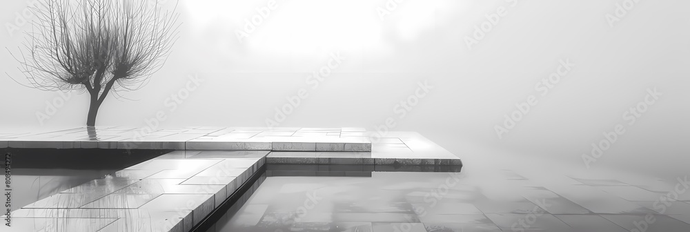 Poster harmony in silence a serene scene featuring a white wall and a tall tree, with a white bench adding 