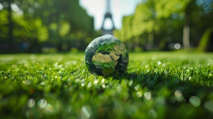 A small green ball with a globe on top of it is sitting on a green grass field