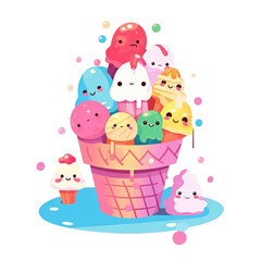 Fototapeta premium Colorful and cute cartoon ice cream characters in a waffle cone with sprinkles and hearts.