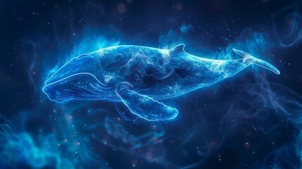 A blue glowing whale swimming through space.