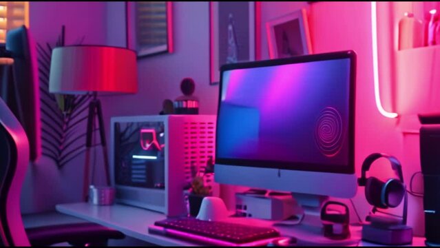 modern boy's room setting, computer located in living room with neon lighting