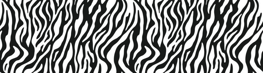Zebra fur repeating texture. Animal print, skin stripes. Jungle wild style wallpapers. Black and white seamless pattern. Vector background