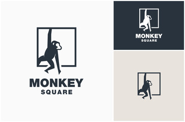 Monkey Ape Chimpanzee Silhouette Hanging Square Frame Simple Flat Logo Design