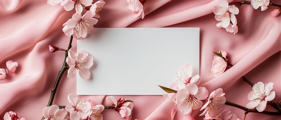 A blank card with a dainty frame of cherry blossoms, lying flat on a soft pink fabric for a spring feel - obrazy, fototapety, plakaty
