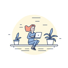 Redheaded woman working laptop, casual home environment, indoor plants, cheerful freelancer. Young female professional using computer, modern workplace, productivity concept, serene office setup