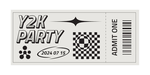 Retro party ticket template with futuristic elements. Trendy halftone collage. Y2k style design.