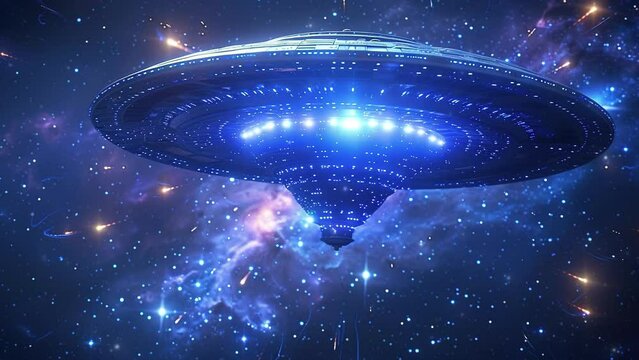 World UFO Day. UFO in the night sky. Large ufo hovering in space above the planet earth. The night sky is beautiful and colorful. Video 4k