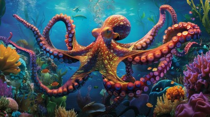 An octopus with a beautiful color pattern is swimming in a coral reef.