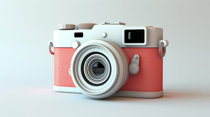 Minimal concept photo camera with lens and button and particle geometry on red pastel background. 3d render. Clay Photo Camera 3d Illustration. 3d style Photo camera photography app icon isolated. 