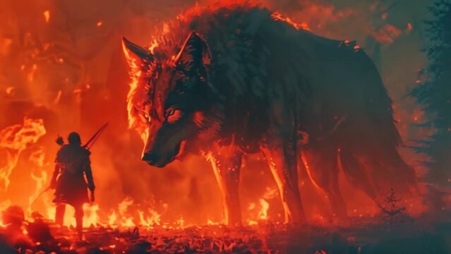 The hunter with the bow faced the huge wolf in the fire grassland. digital art style Illustration drawing