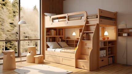 A sturdy wooden bunk bed with built-in storage drawers, perfect for maximizing space in a children's room