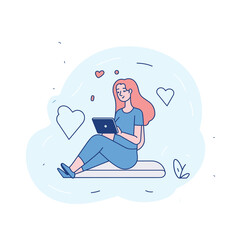 Happy woman enjoying online interaction, browsing internet, love communication. Female freelancer working remotely, modern lifestyle, digital nomad. Young lady using laptop, casual wear, minimalist